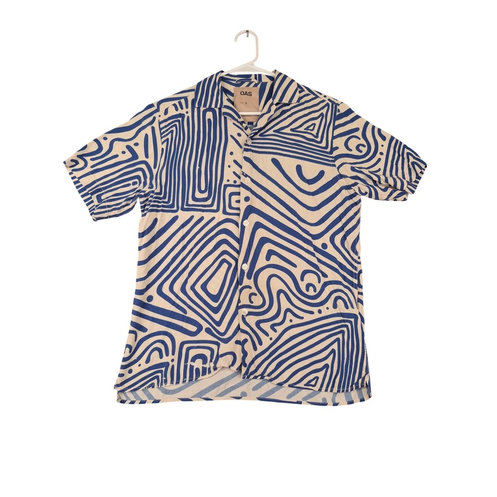 OAS Mens Blue White Eldovado Geometric Wave Viscose Short Sleeve Camp Shirt Sz S